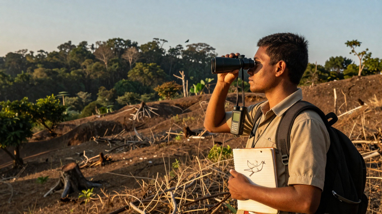 Homem observa área desmatada com binóculo e segura caderno com desenho de pássaro na floresta.
