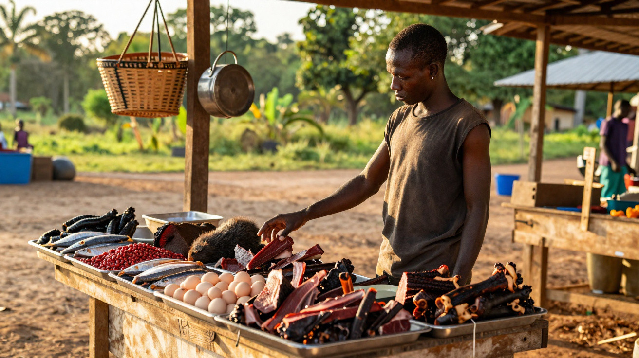 Homem vendendo peixes, ovos e carne seca em feira ao ar livre em zona rural ao entardecer.