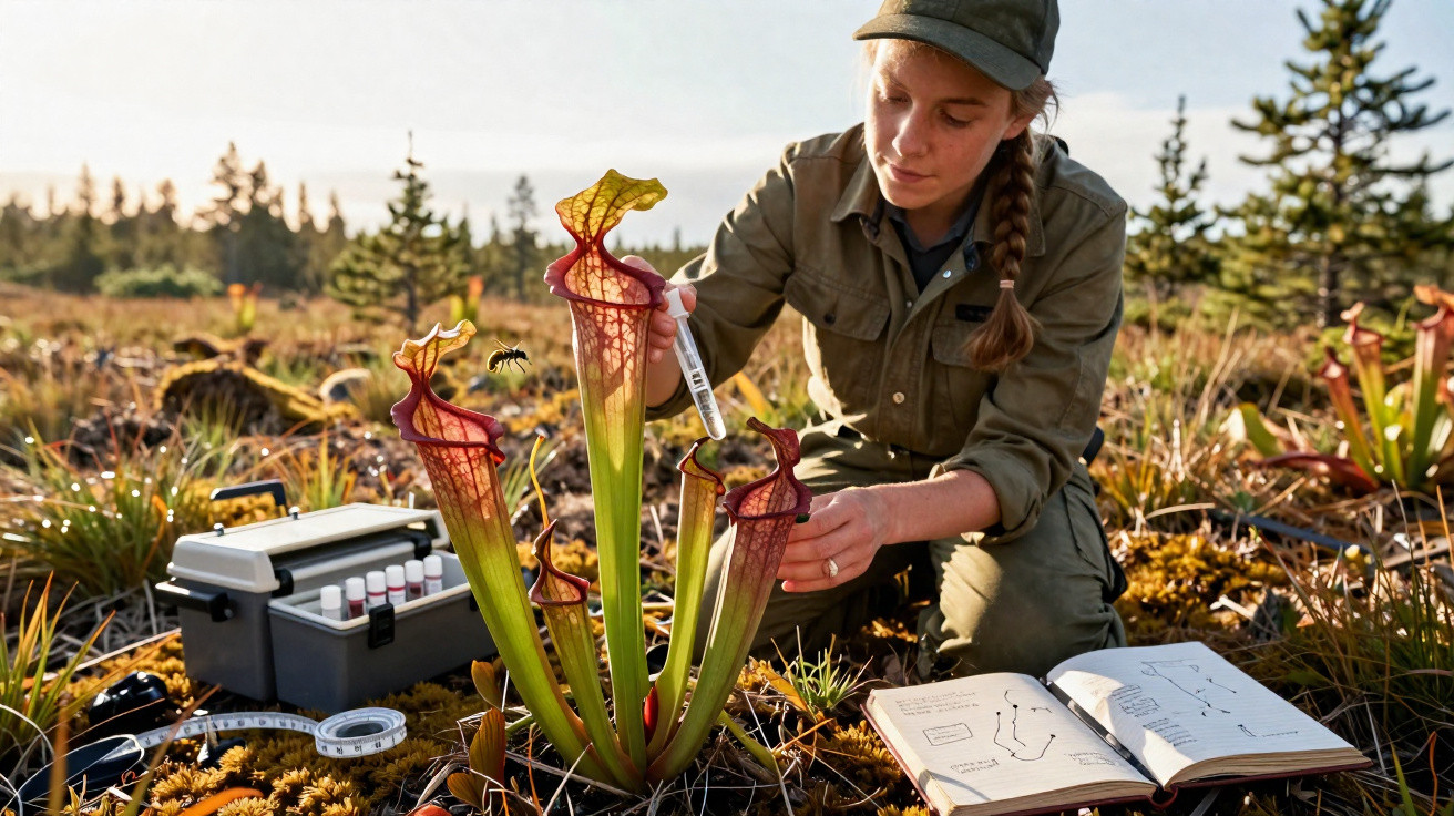 Mulher cientista em campo coleta amostras de planta carnívora com kit de pesquisa e livro aberto ao lado.