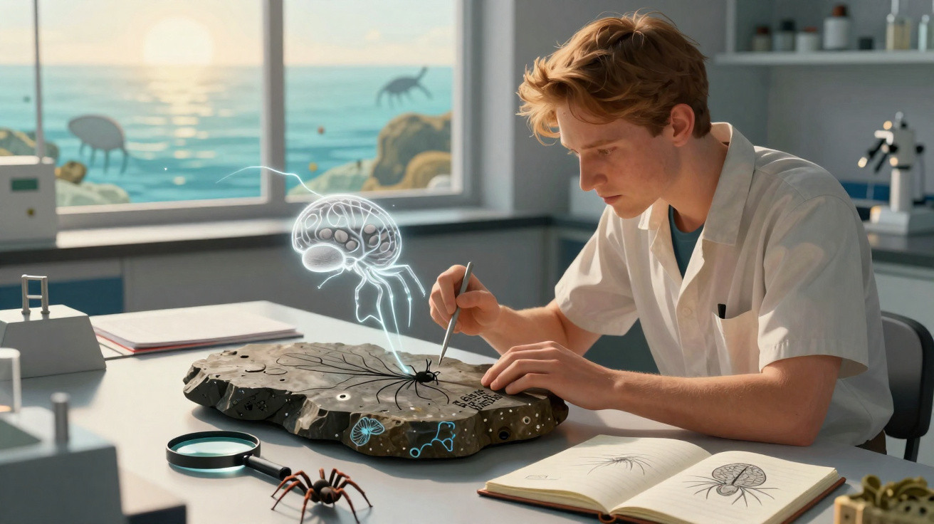 Jovem cientista estuda fósseis enquanto projeção holográfica de aracnídeo aparece sobre a mesa do laboratório.
