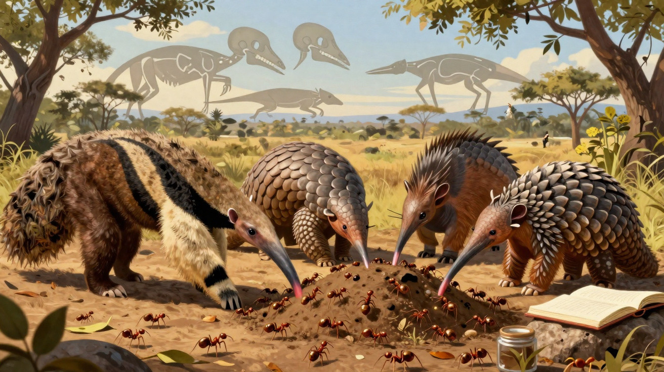 Quatro mamíferos ancestrais comendo formigas em um ambiente natural com árvores e desenhos de dinossauros ao fundo.