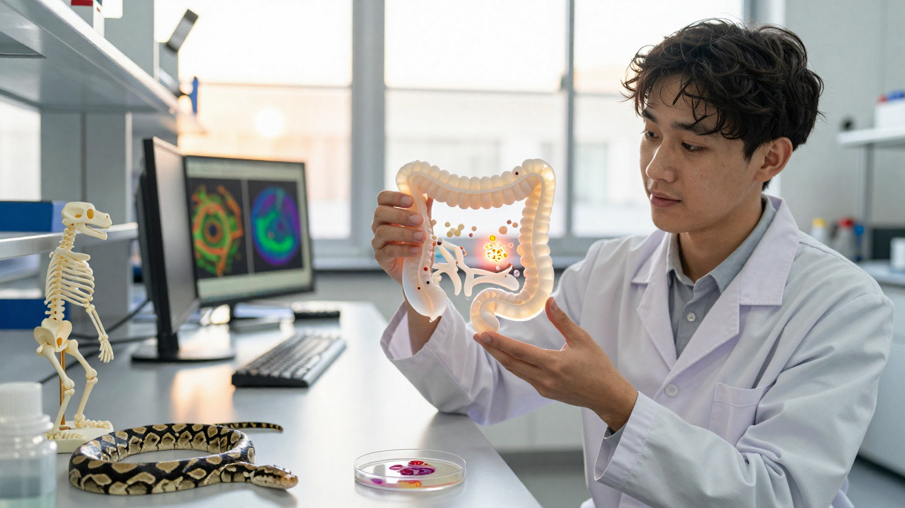 Pesquisador em laboratório segurando modelo transparente do intestino humano com imagens coloridas no fundo.