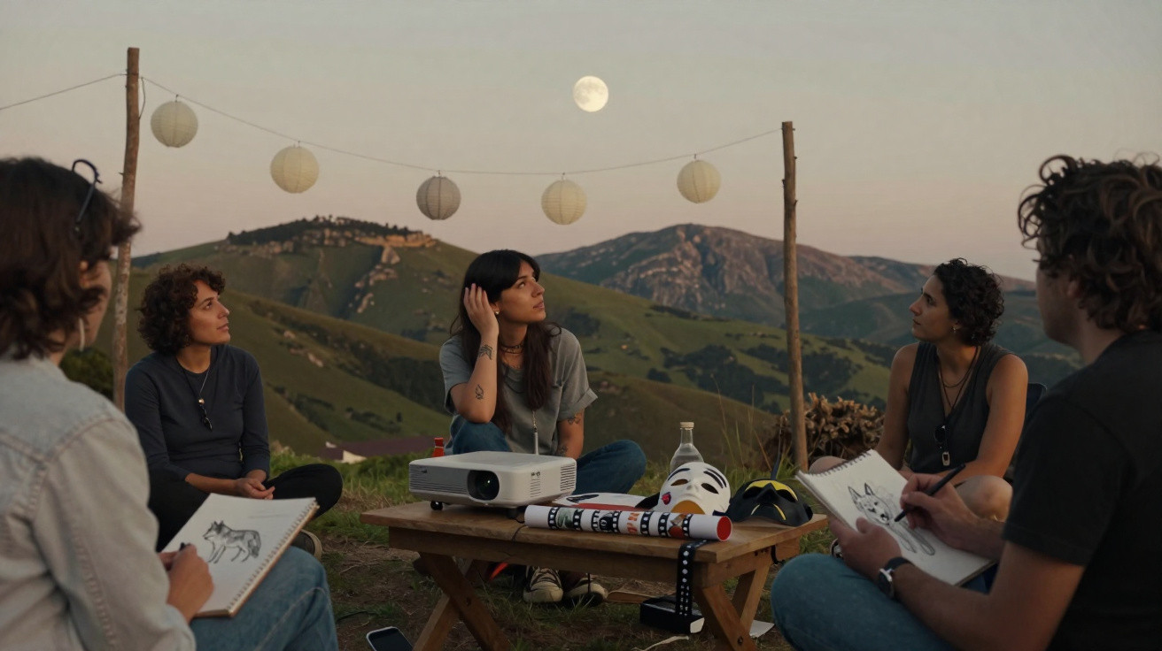 Grupo de cinco pessoas em reunião ao ar livre com montanhas ao fundo e lua cheia no céu.