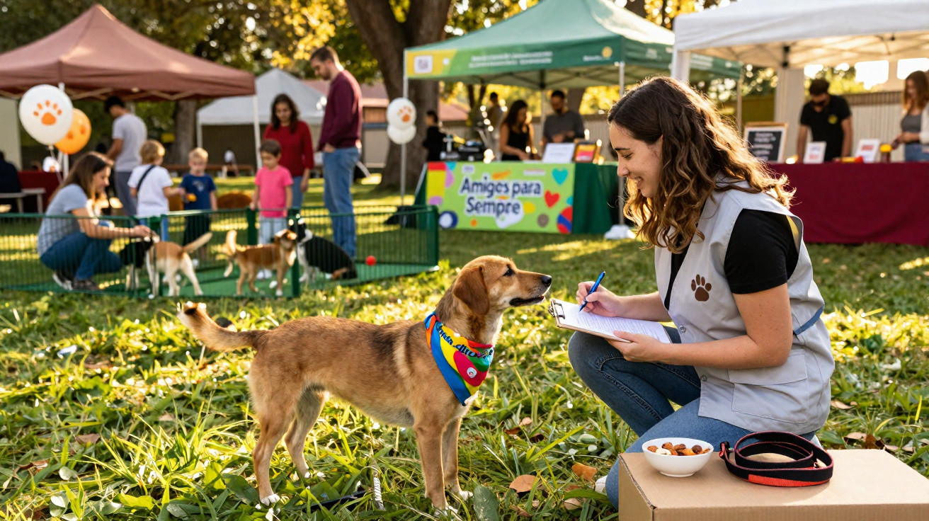 Mulher sorridente interage com cachorro usando bandana colorida em evento ao ar livre de adoção animal.