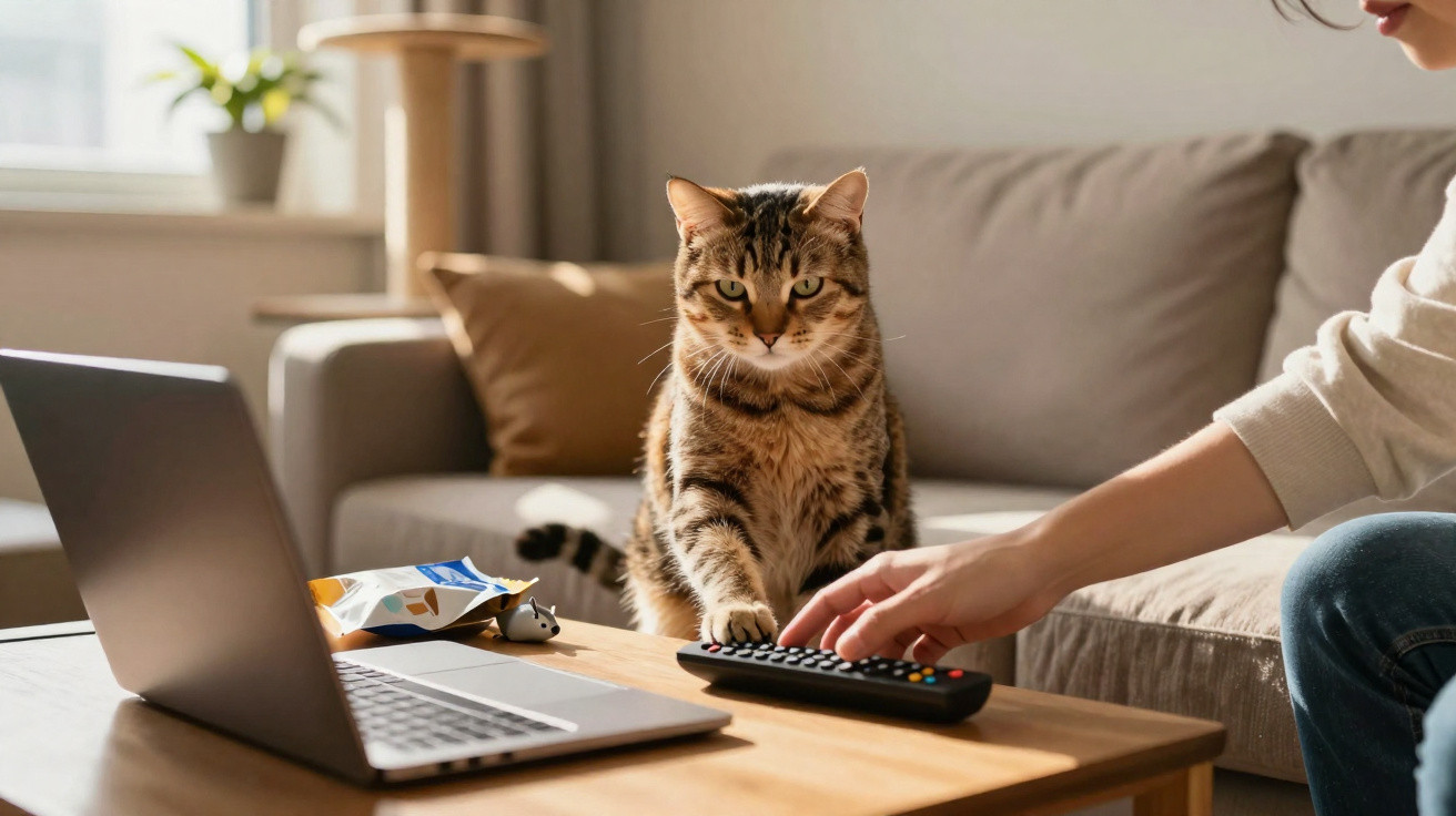 Gato sentado na mesa de centro enquanto pessoa segura controle remoto em sala com sofá e notebook.