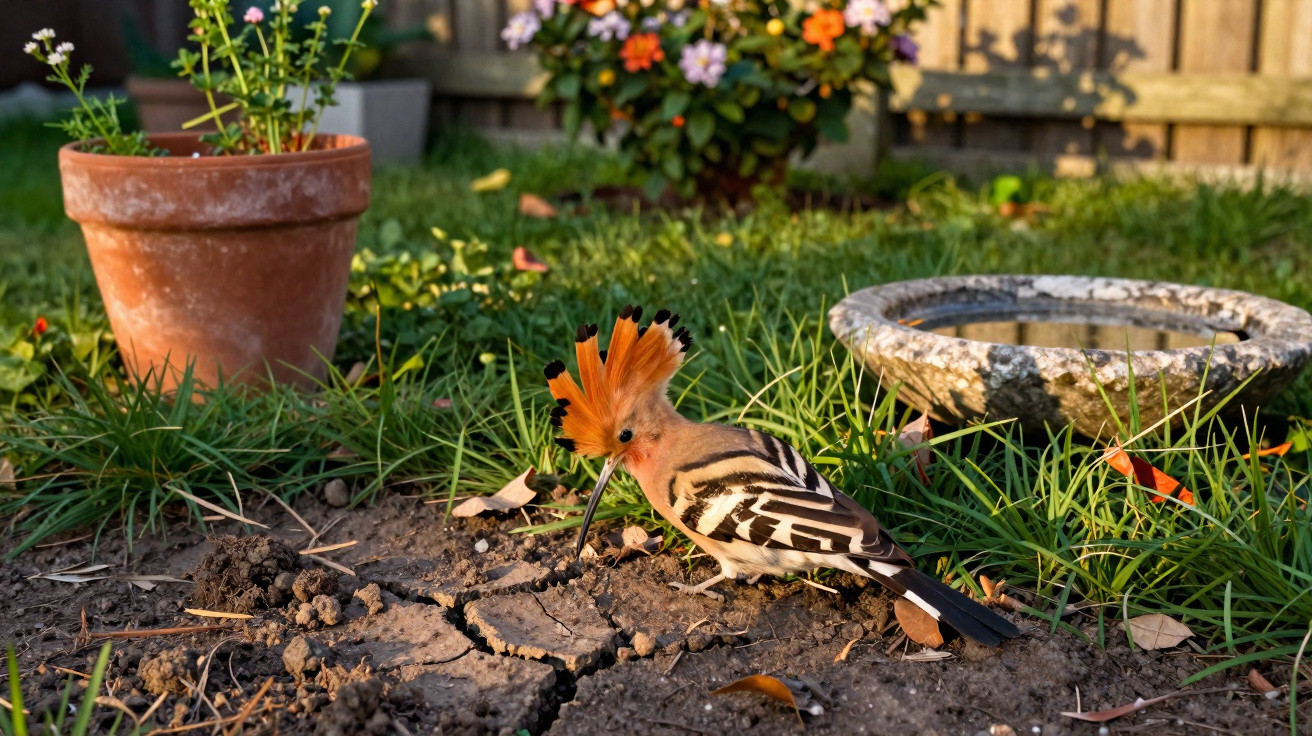 Pássaro com penacho alaranjado no jardim, próximo a um vaso de planta e um bebedouro de pedra.
