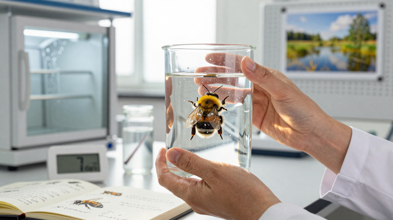 Mãos seguram copo com água e abelha dentro em laboratório com caderno de anotações e microscópio ao fundo.