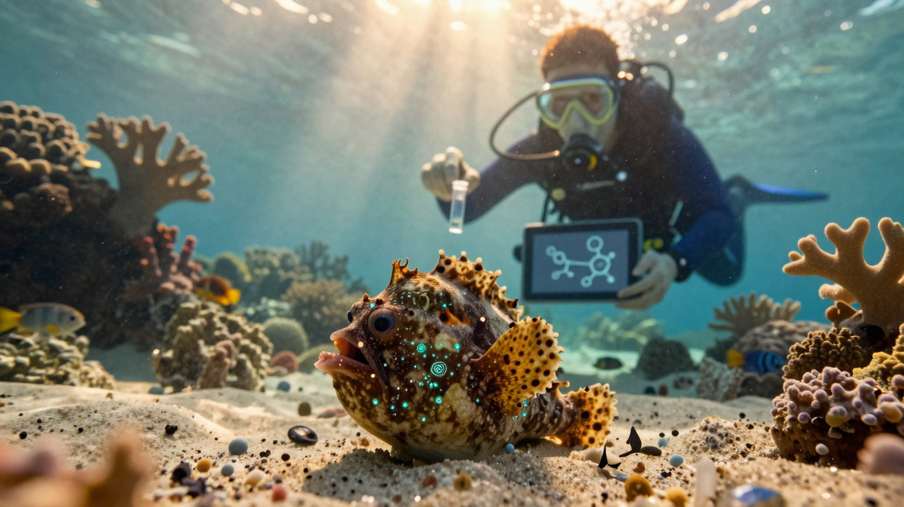 Mergulhador científico examina peixe estranho em recife de coral sob luz solar na água clara.