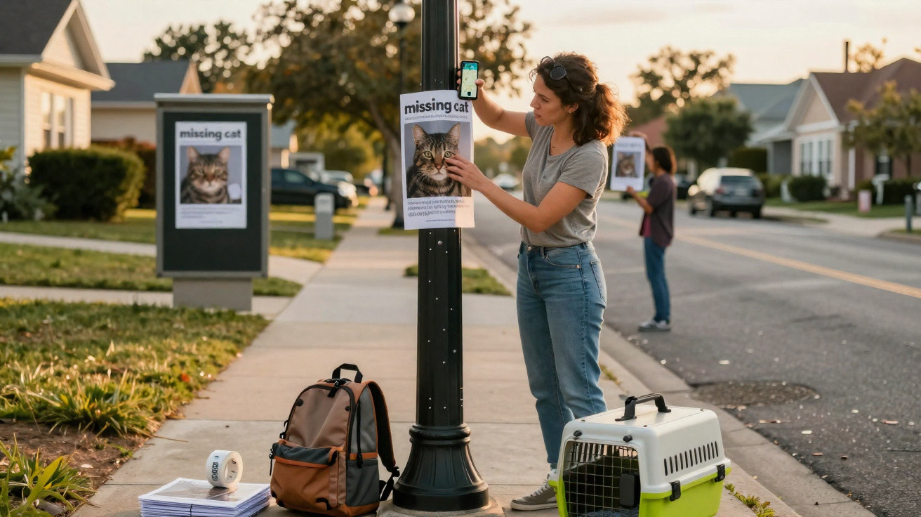 Mulher colando cartaz de gato perdido em poste na calçada de bairro residencial.