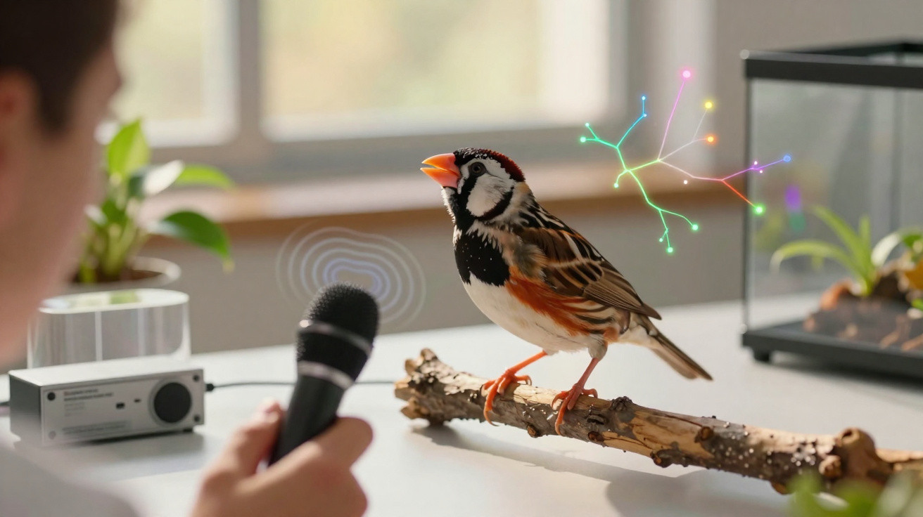 Pessoa segurando microfone próxima a pássaro colorido empoleirado em galho dentro de ambiente iluminado.
