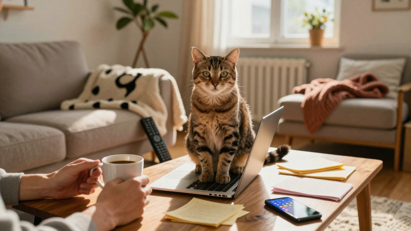 Gato sentado em cima de laptop sobre mesa de madeira em sala iluminada próximo a uma pessoa com caneca.