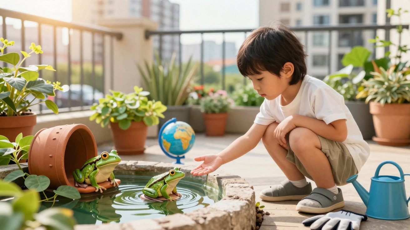 Criança curiosa tocando uma rã em um pequeno lago cercado por plantas em varanda ensolarada.