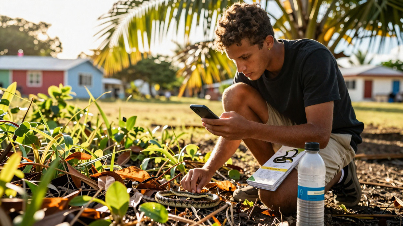 Jovem homem analisa cobra no solo usando celular, com caderneta e garrafa ao lado, em área com plantas e casas ao fundo.