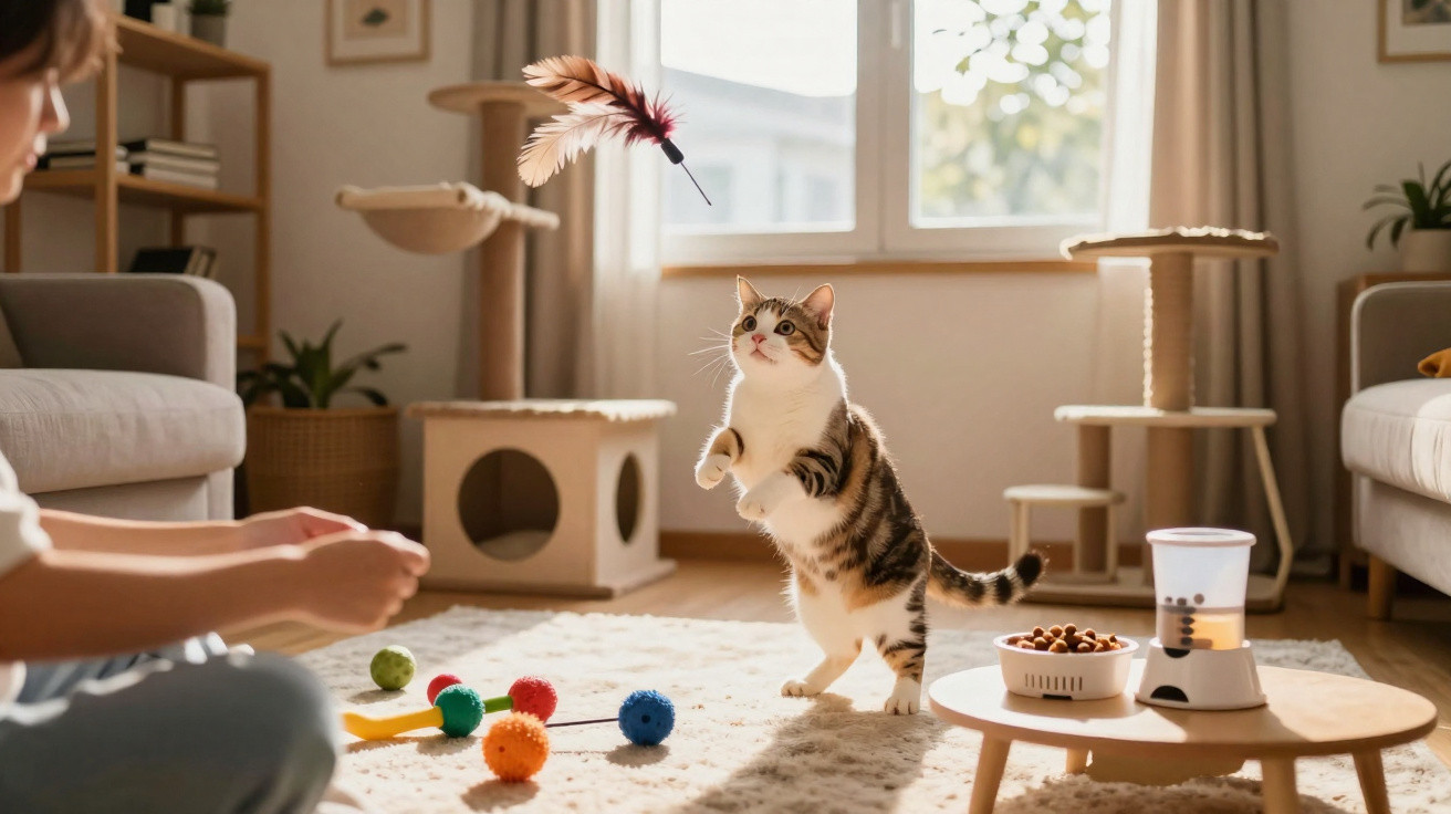 Gato brincando com pessoa que segura brinquedo de pena em sala iluminada com arranhador e comida.