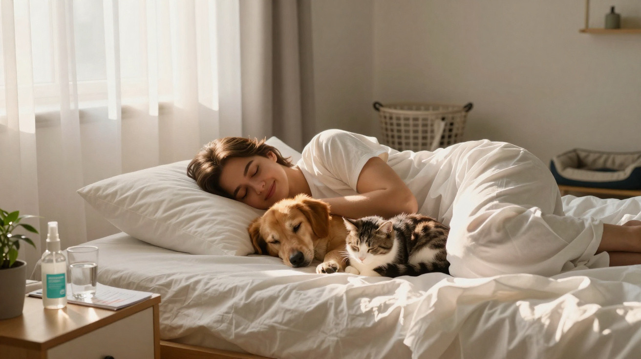 Mulher sorrindo dormindo ao lado de cachorro e gato sobre cama branca em quarto iluminado.