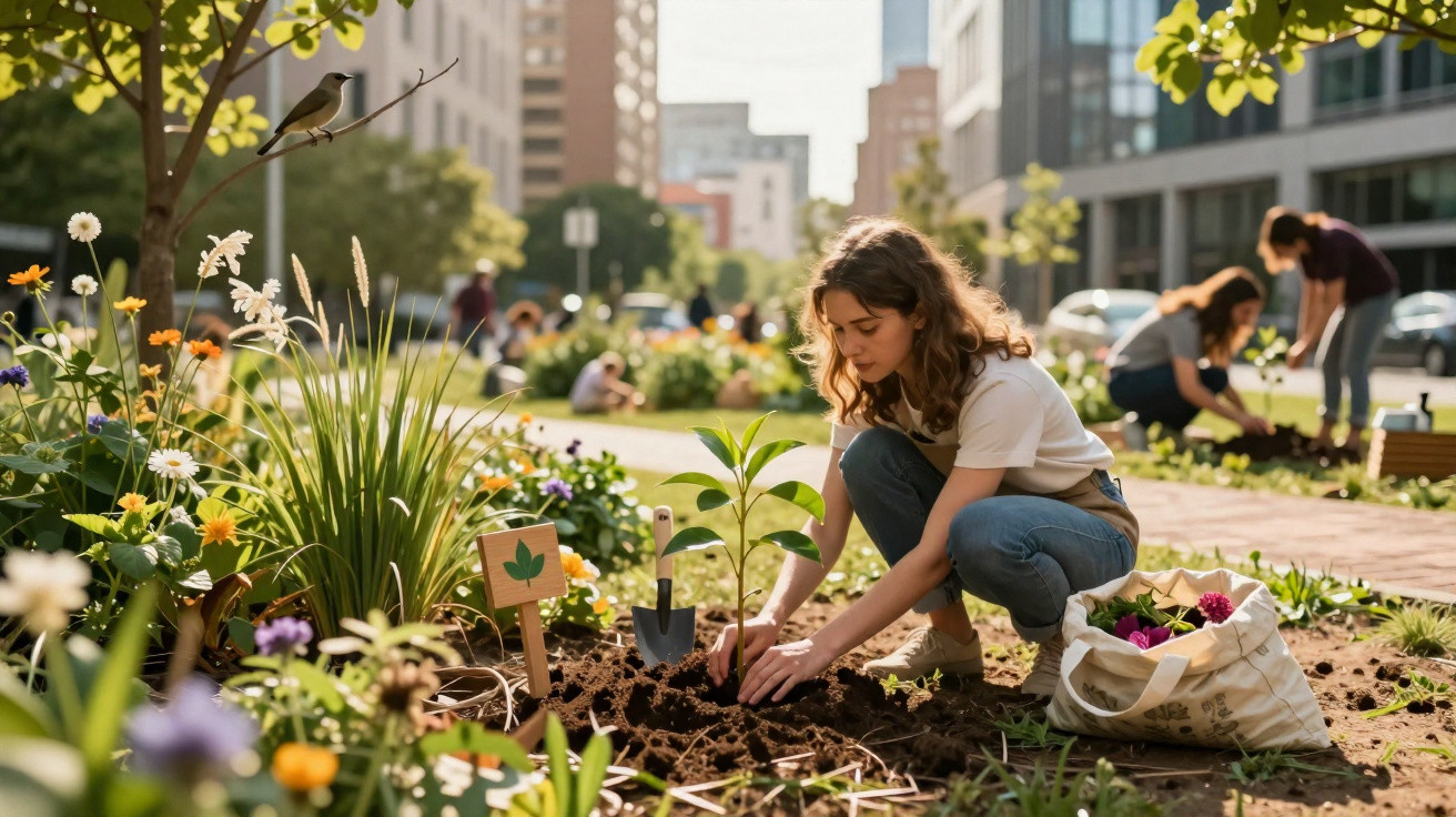 Jovem planta árvore em jardim urbano com outras pessoas cuidando de plantas sob luz do sol.
