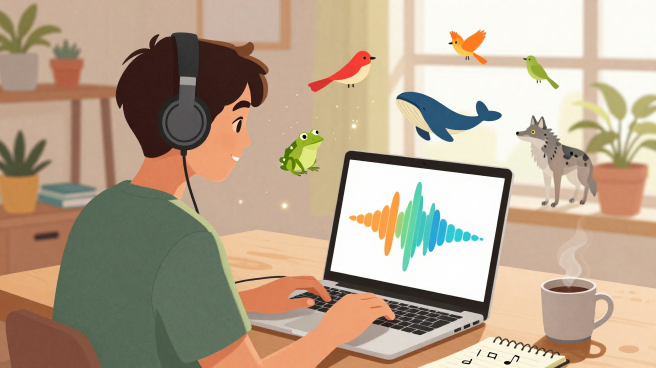 Jovem com fones de ouvido usa laptop; animais animados saem da tela em ambiente iluminado e decorado.