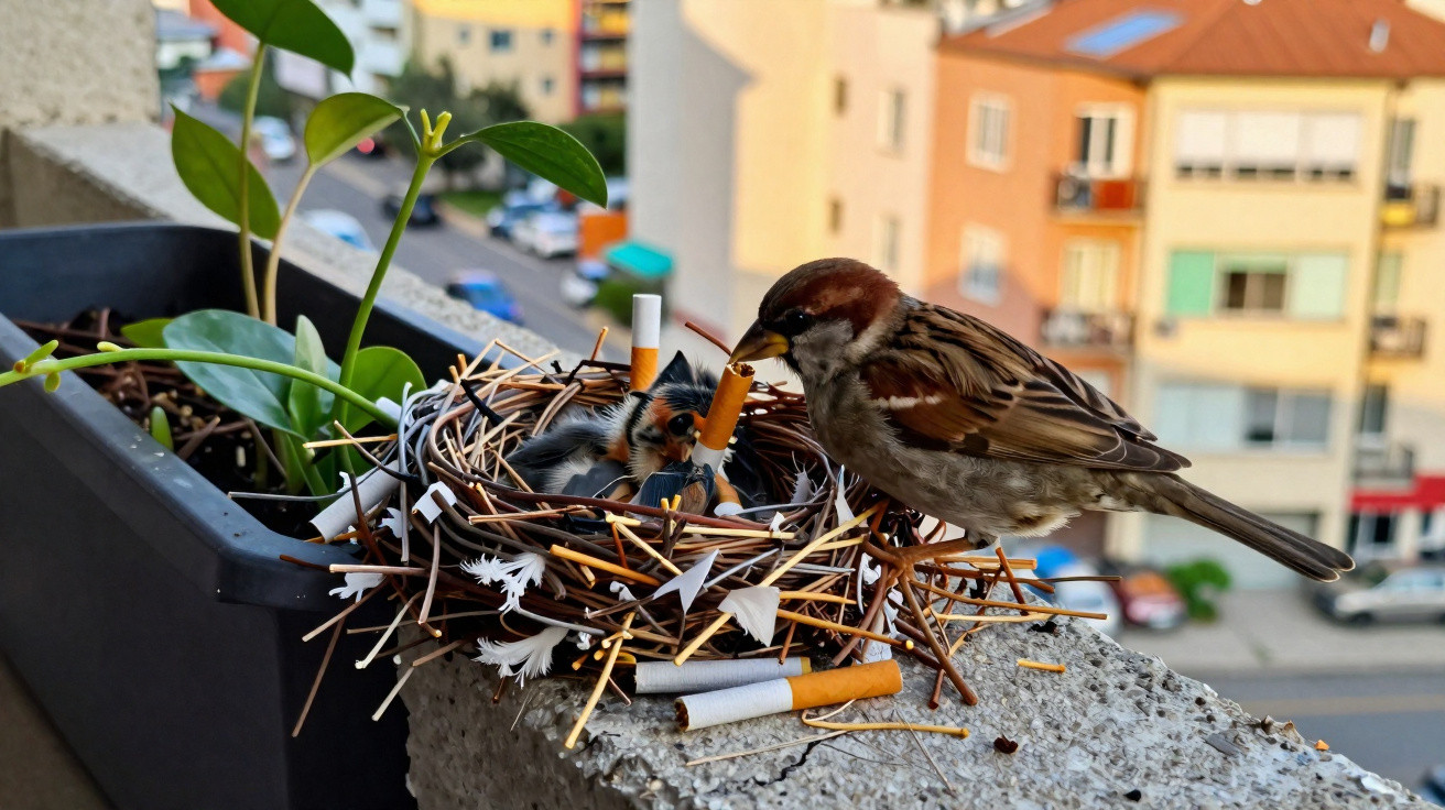 Pássaro alimentando filhotes em ninho com muitos bitucas de cigarro sobre parapeito de prédio.