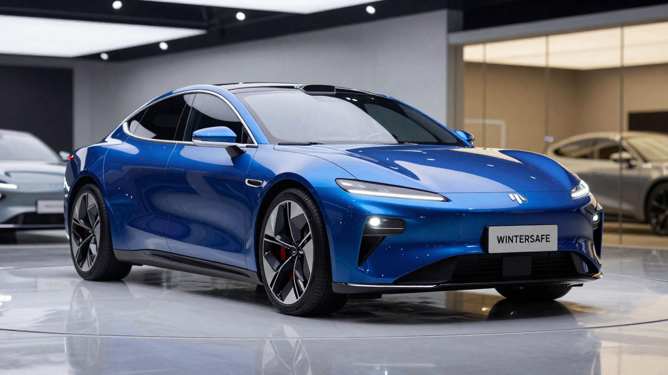 Carro elétrico esportivo azul exposto em showroom com design moderno e aerodinâmico.