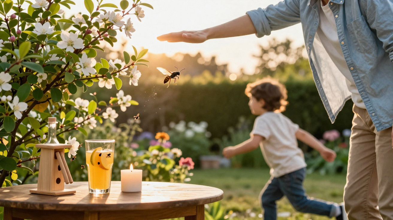 Pessoa afastando uma abelha perto de mesa com vela e criança correndo no jardim ao entardecer.