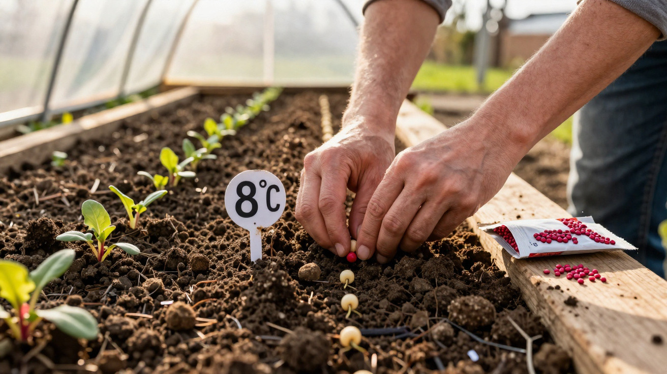 Mão de pessoa plantando mudas verdes em solo fértil dentro de estufa com placa numerada.