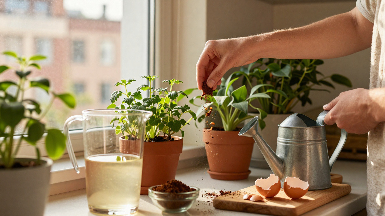 Pessoa adiciona pó de café a um copo de água em uma cozinha com plantas na janela ao fundo.