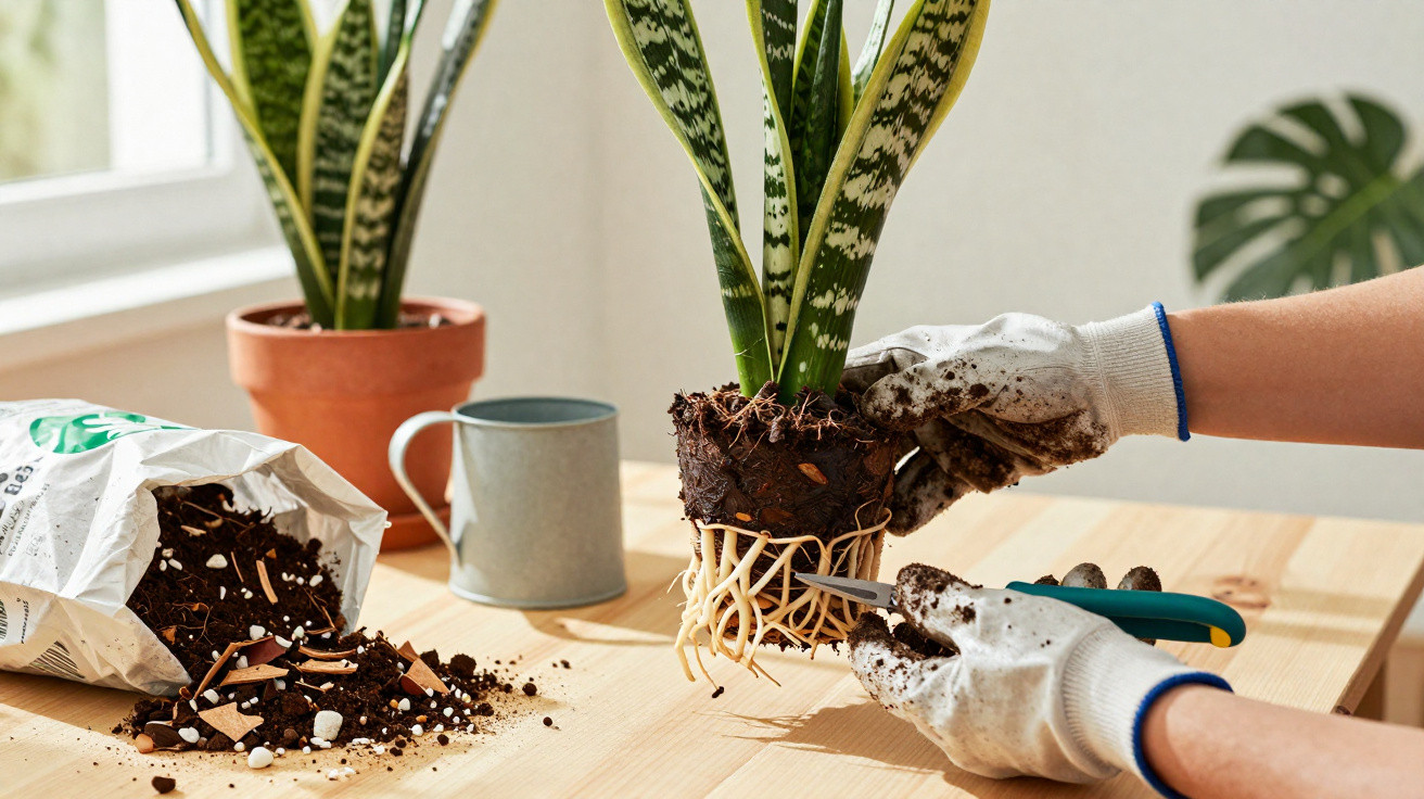 Pessoa usando luvas fazendo transplante de planta suculenta dentro de casa, com terra e regador sobre a mesa.