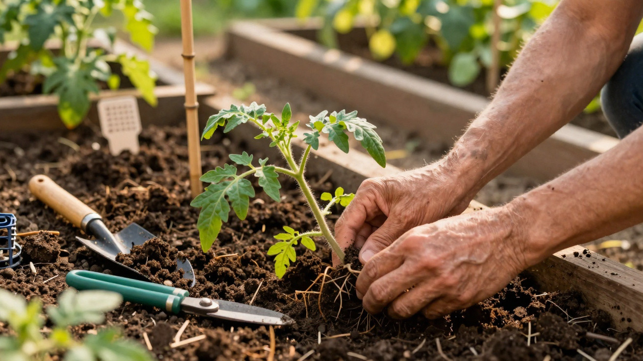 Mãos plantando muda de tomate em solo dentro de horta com enxada ao lado.