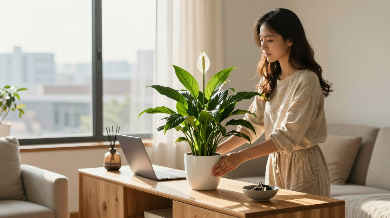 Mulher ajustando planta em vaso sobre mesa de madeira em sala iluminada com laptop aberto.