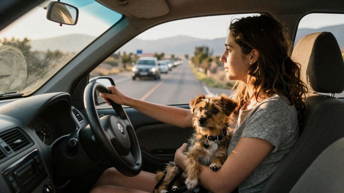 Mulher dirigindo carro com cachorro pequeno no colo em um dia ensolarado na estrada.