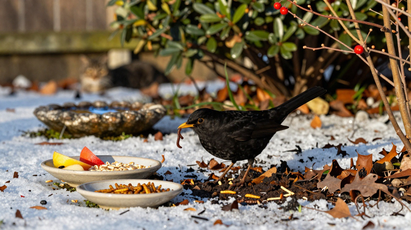 Pássaro preto com minhoca no bico próximo a pratos com comida no chão coberto de neve e folhas secas.