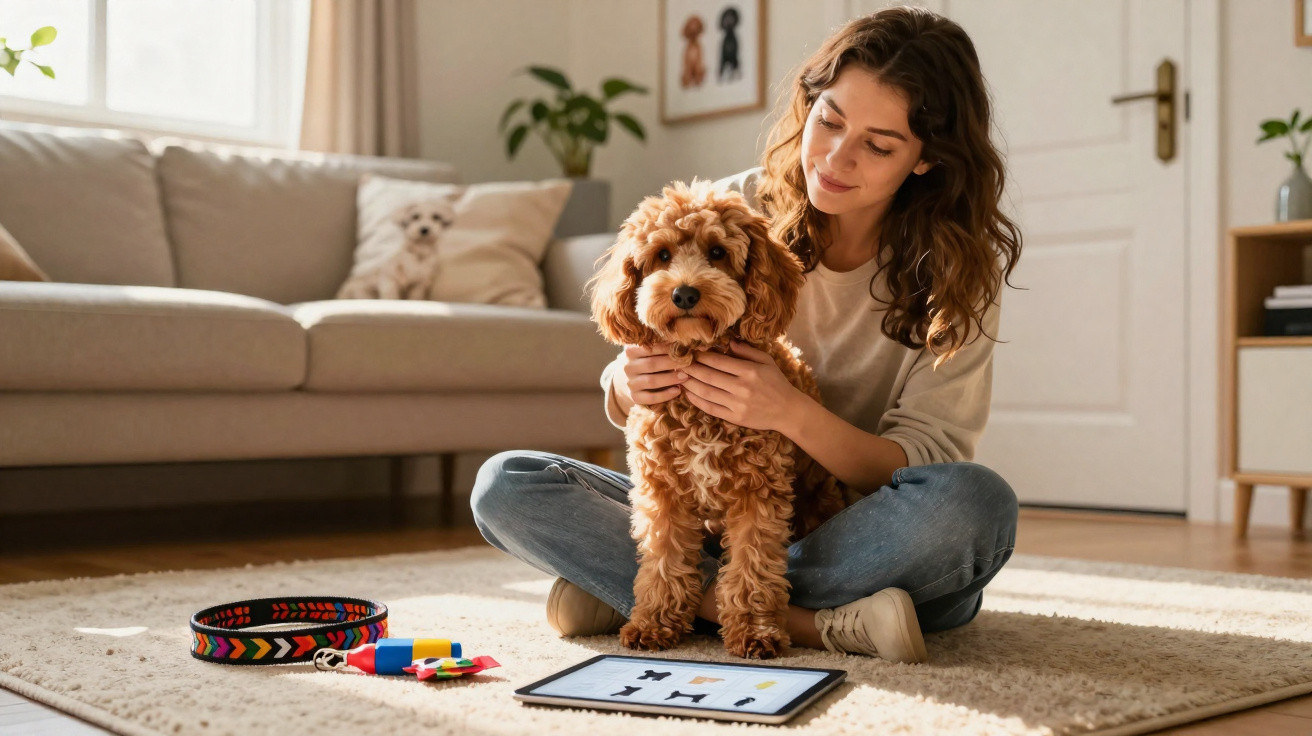 Mulher sentada no chão acariciando um cachorro ao lado de um tablet e coleira colorida numa sala iluminada.