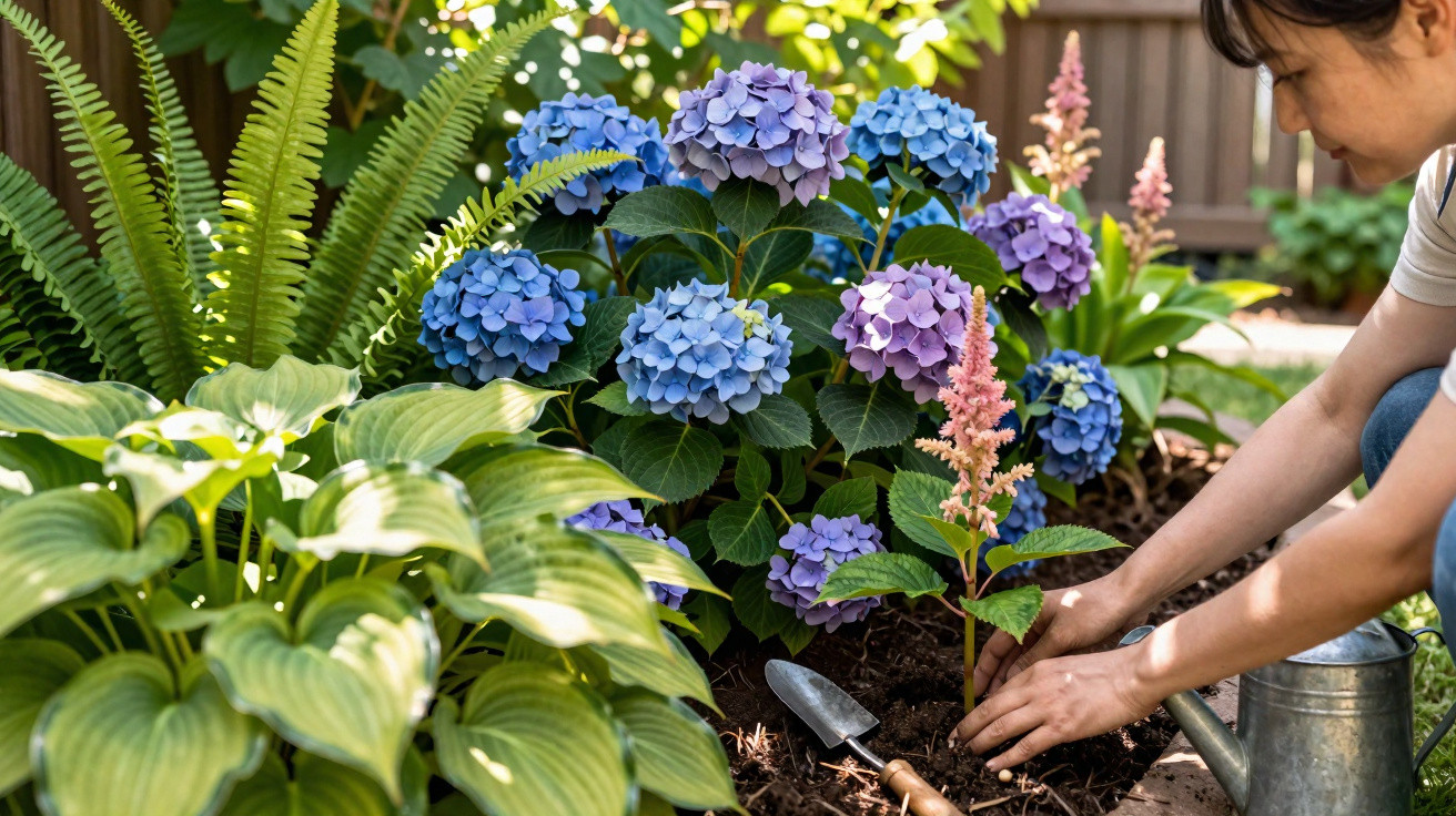 Mãos plantando muda próxima a hortênsias azuis e lilás e folhagens verdes em jardim com regador e pá.