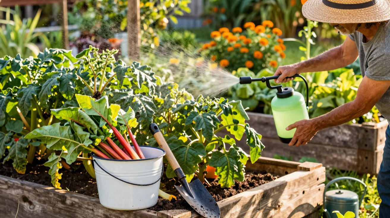 Pessoa regando plantas em jardim com canteiros de madeira e ferramenta de jardinagem ao lado.
