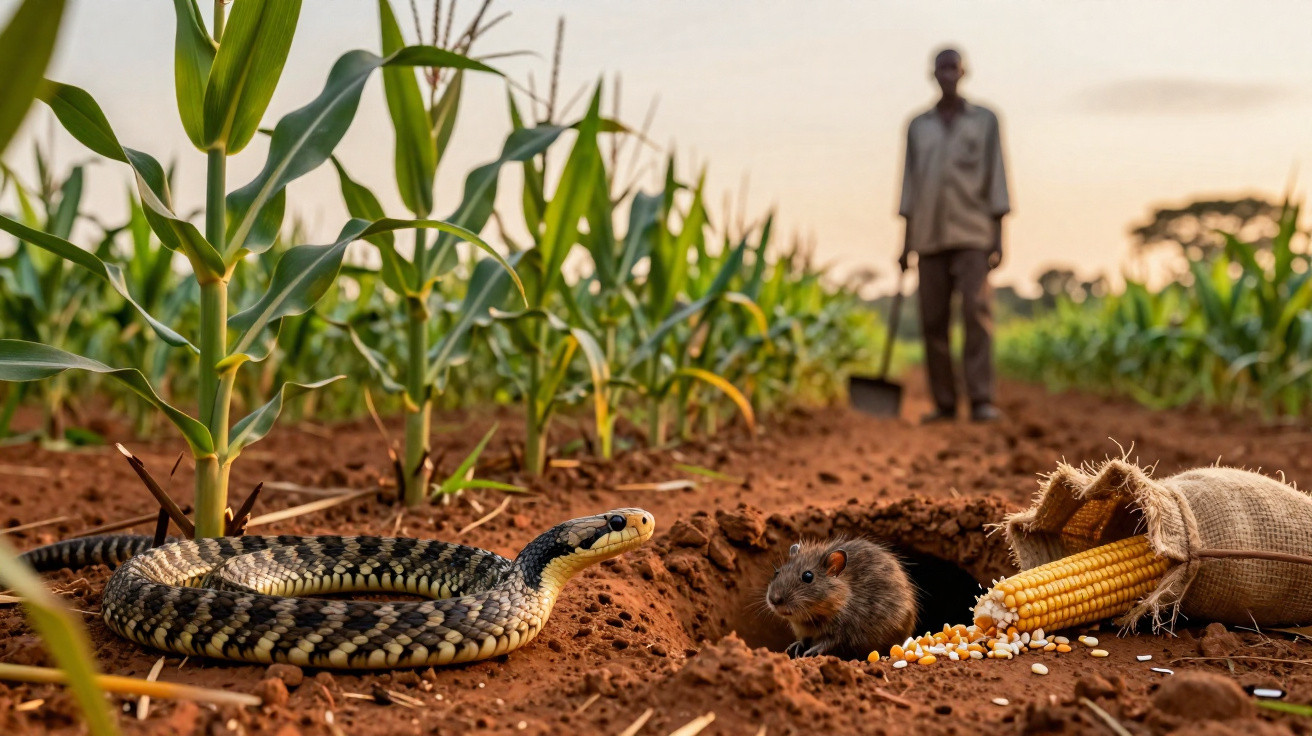 Cobra na terra próxima a ratoeira com rato saindo do buraco em plantação, agricultor ao fundo.