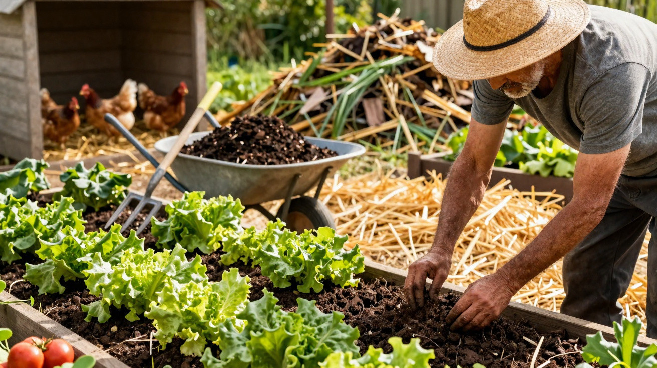 Homem com chapéu cuidando da terra em horta com alface, galinhas e carrinho de mão ao fundo.