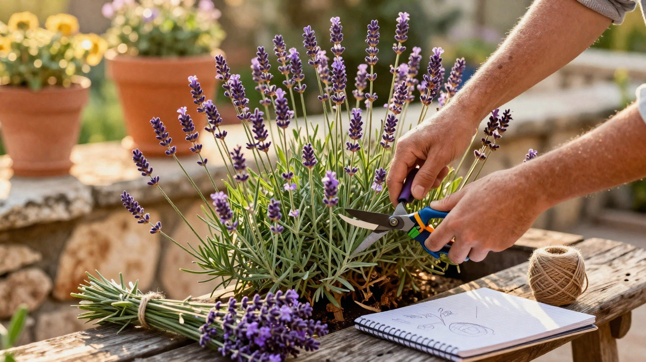 Pessoa colhendo flores de lavanda com tesoura de jardinagem em varanda iluminada pelo sol.