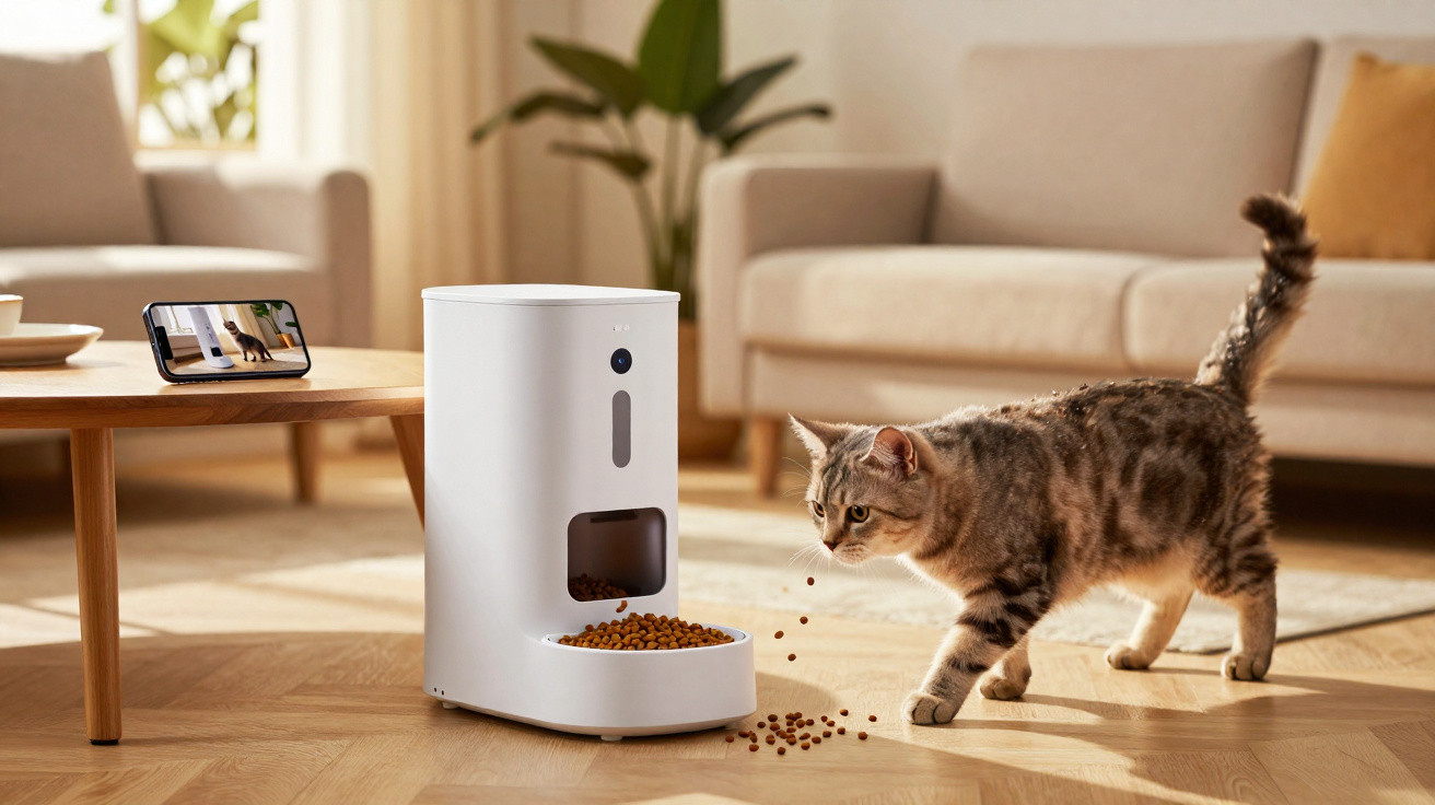 Gato comendo ração automática branca em sala com sofá, mesa de madeira e planta ao fundo.