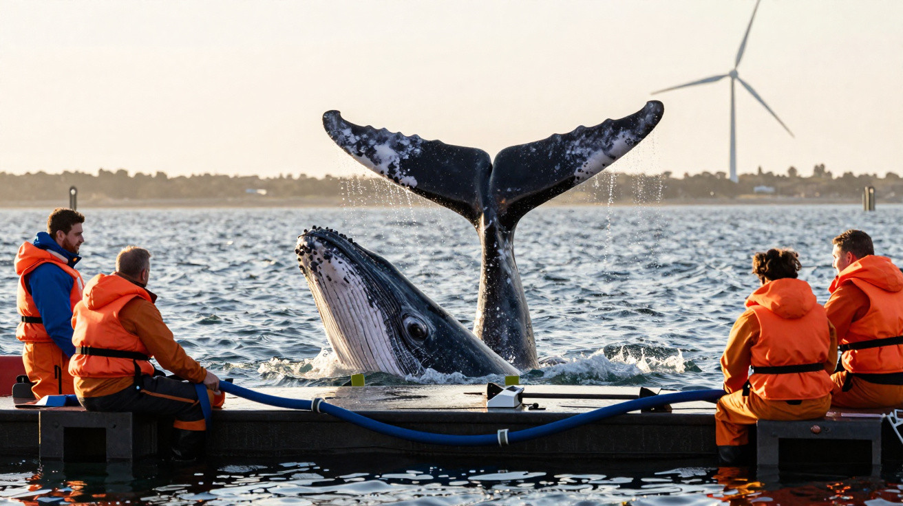 Cinco pessoas de colete laranja observam cauda de baleia emergindo da água em cercado no mar ao pôr do sol.