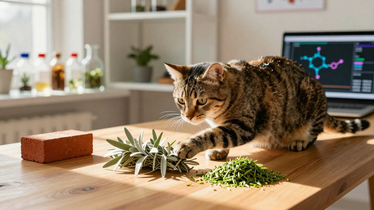 Gato malhado brinca com plantas sobre mesa de madeira em ambiente com computadores ao fundo.