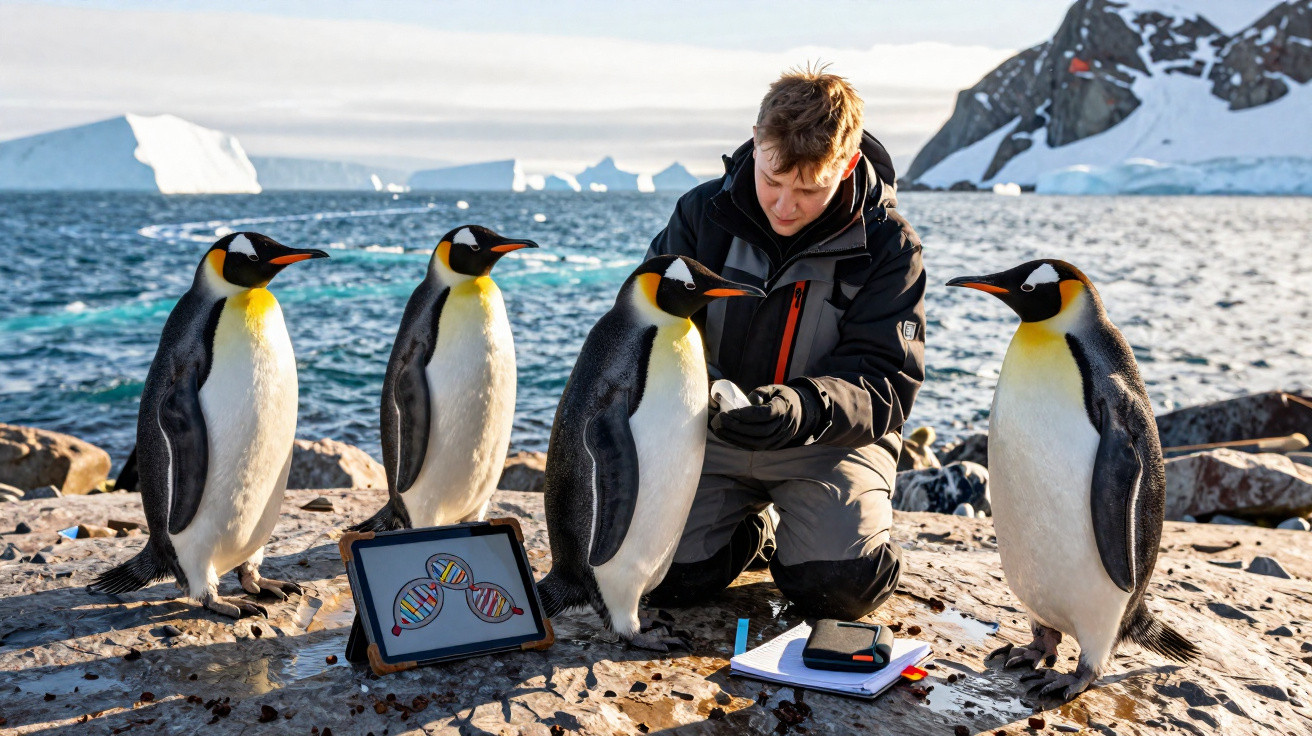 Homem interage com pinguins gentoo em penhasco rochoso próximo ao mar e icebergues ao fundo.