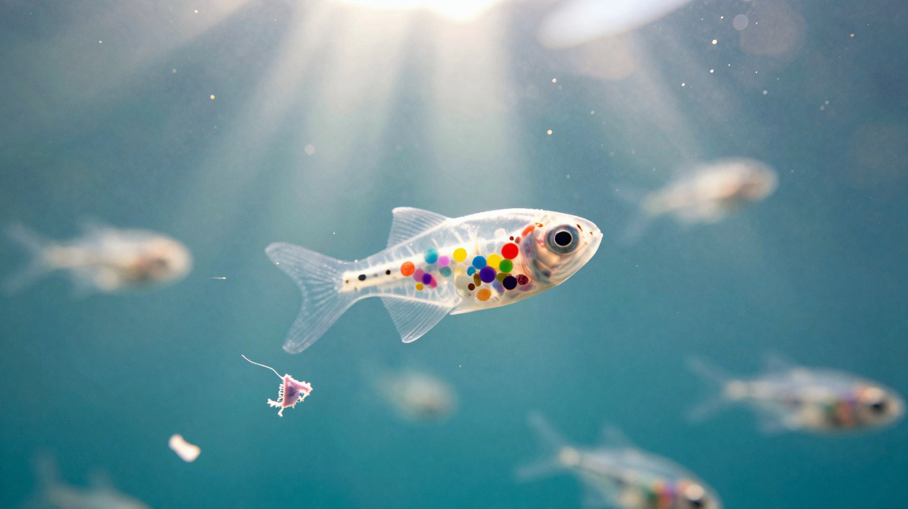 Peixe translúcido com bolinhas coloridas no corpo nadando em águas azuis claras com luz solar ao fundo.