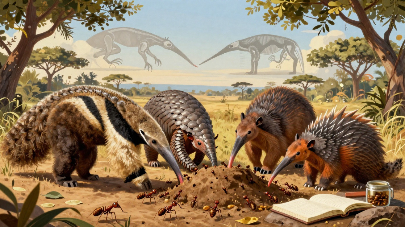 Ilustração de tamanduás e pangolins formando grupo para coletar formigas em ambiente natural.