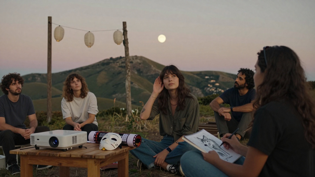 Grupo de cinco pessoas desenhando ao ar livre, com mesa e montanhas ao fundo ao entardecer.