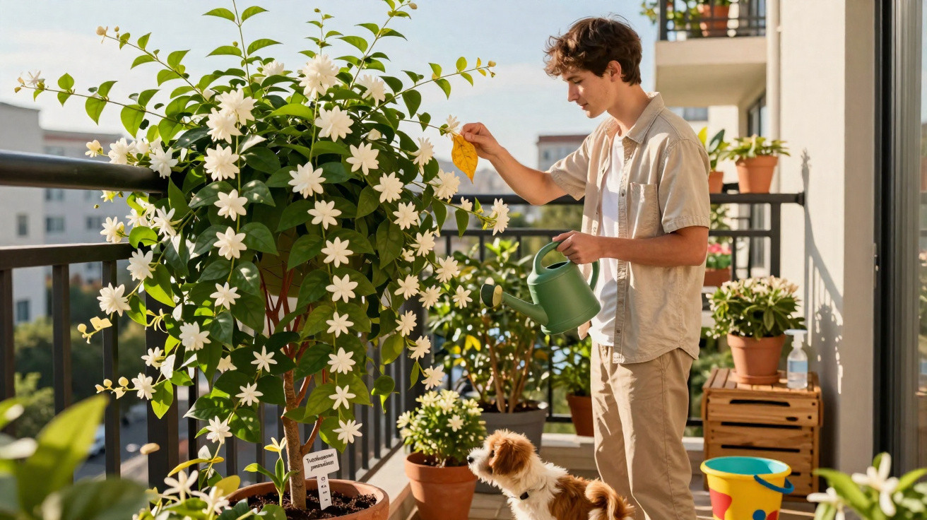 Jovem regando plantas em varanda ensolarada com cachorro ao lado em dia claro.