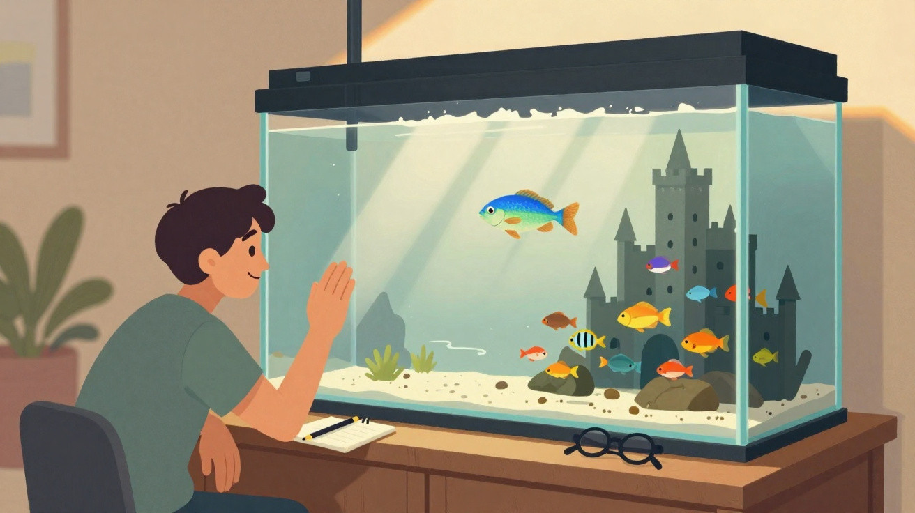 Homem observando e acenando para peixes coloridos em aquário com castelo decorativo em mesa.