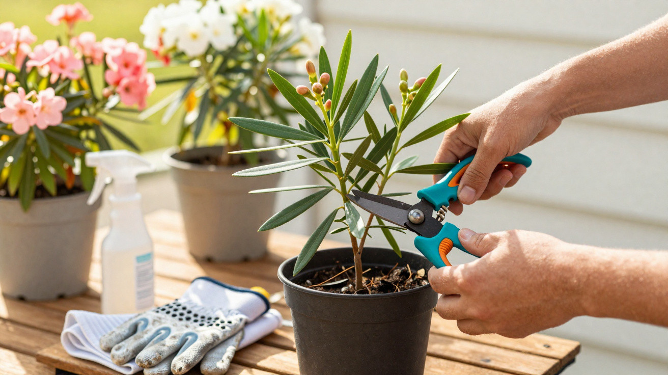 Pessoa podando flores brancas em vaso de planta com tesoura de jardinagem em varanda.