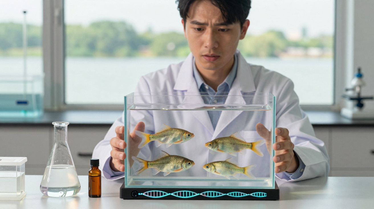 Pesquisador em jaleco observa quatro peixes em aquário transparente dentro de laboratório moderno.