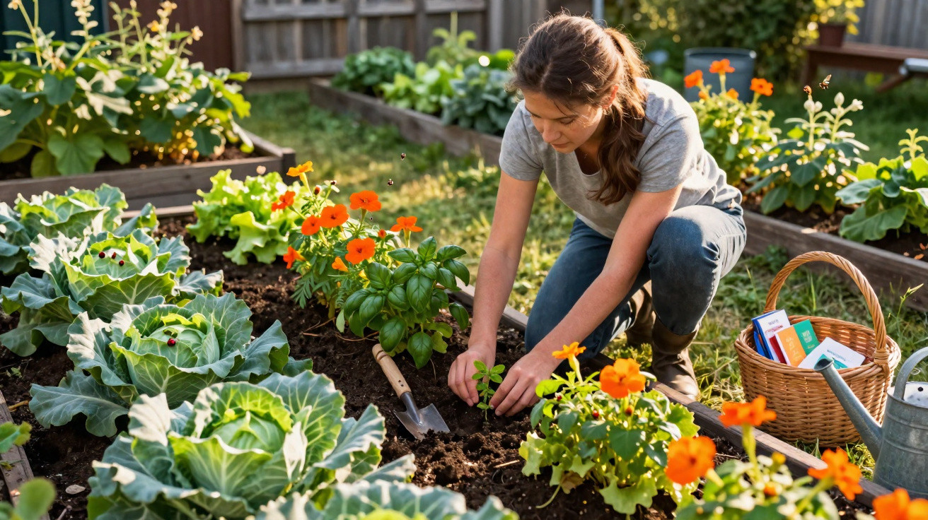 Mulher cuidando de plantas em canteiro de horta com flores e verduras em jardim ensolarado.