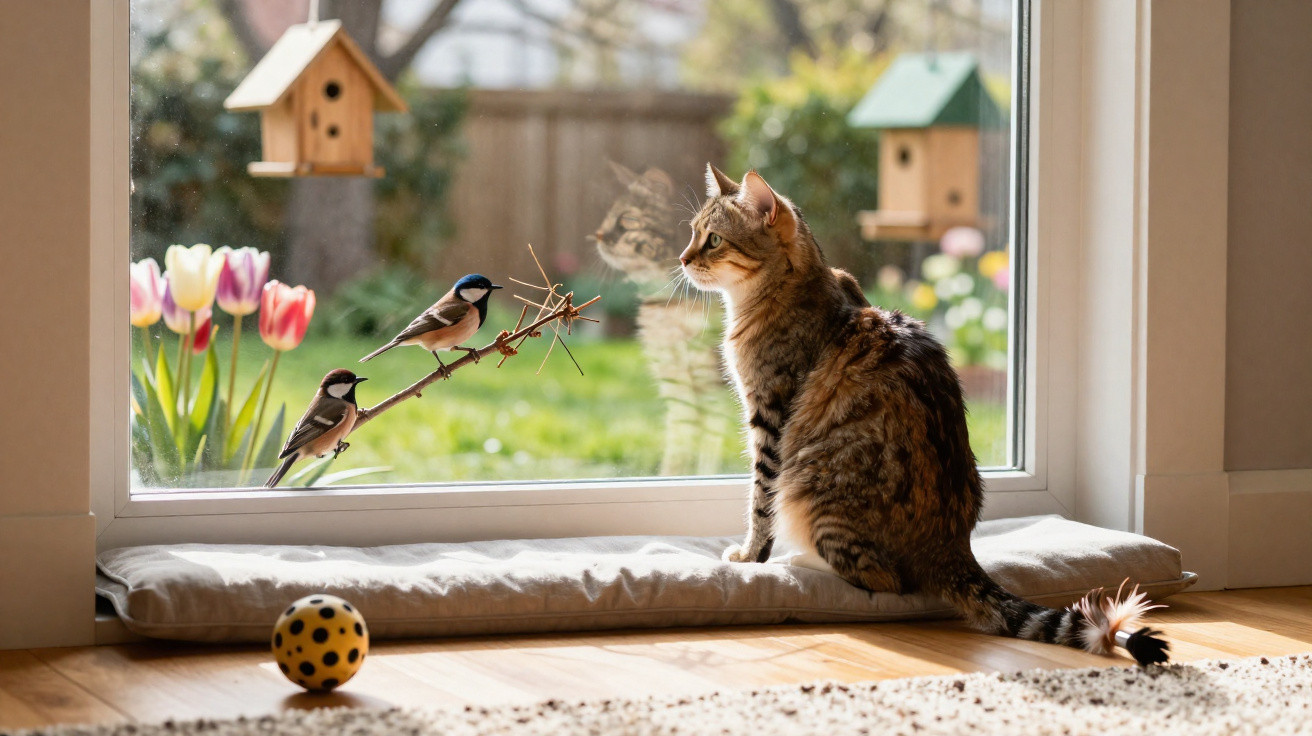 Gato sentado junto à janela observa dois pássaros em um banco com brinquedos ao redor.